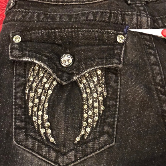 Miss Me Sz 28 angel wing embellished black skinny jeans w/factory distressing 🧿 - Picture 13 of 16